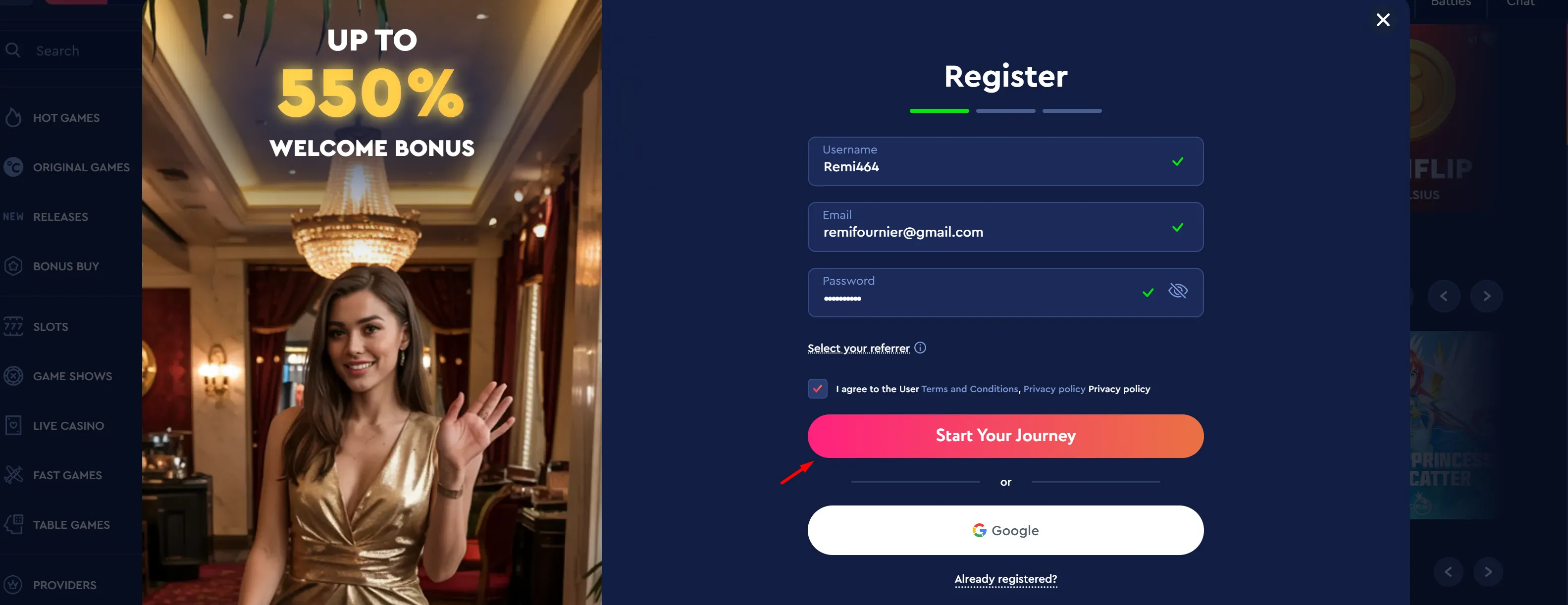 Celsius Casino registration step 1 - username, email and password