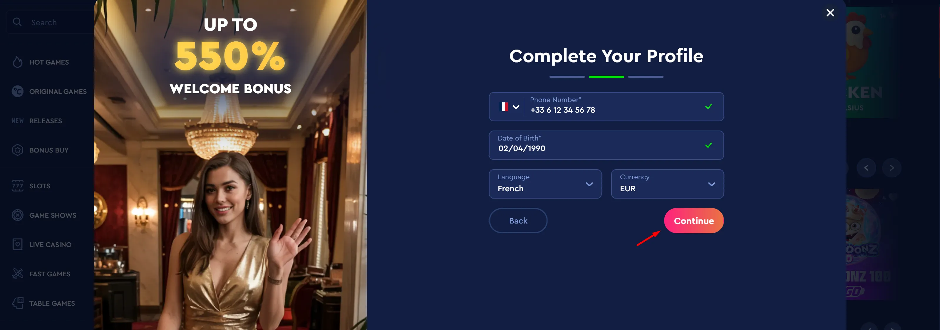 Celsius Casino registration step 2 - phone, date of birth, language and currency