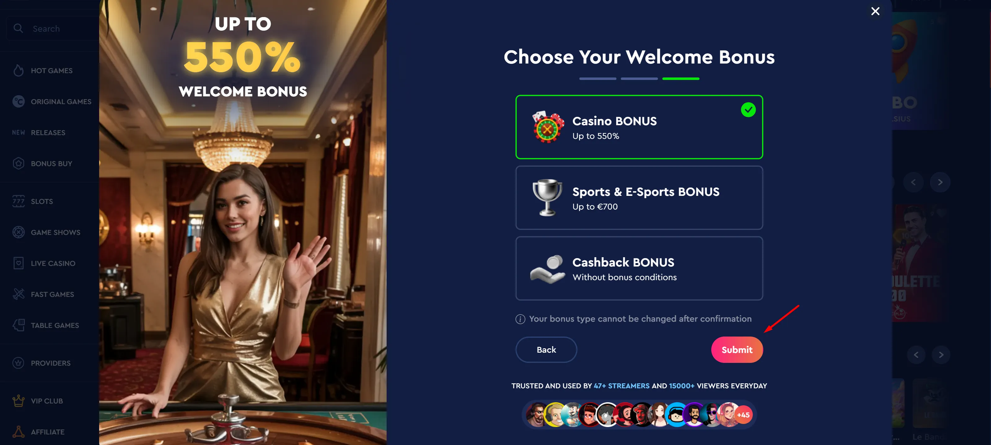 Celsius Casino registration step 3 - choose your welcome bonus