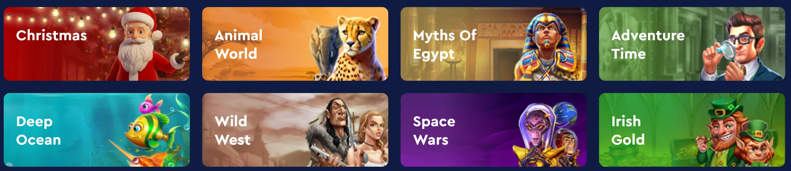 Celsius Casino slot themes - Christmas, Animal World, Myths of Egypt, Adventure Time, Deep Ocean, Wild West, Space Wars, Irish Gold